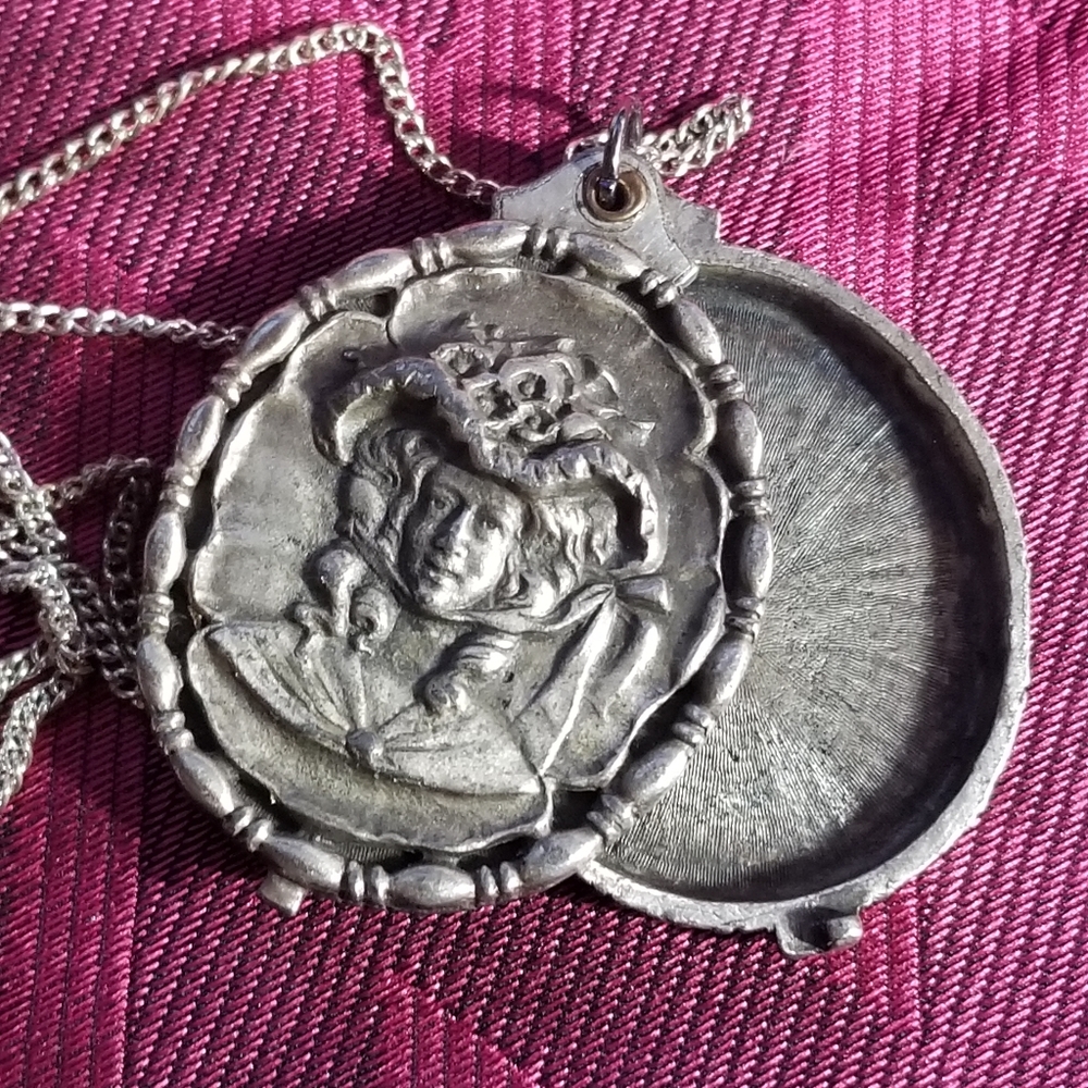Vintage locket necklace Victorian lady silver tone slide woman face